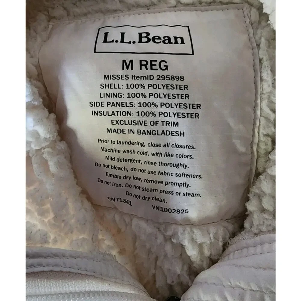 LL Bean Quilted Stretch Sides Thinsulate Sherpa Lined Jacket Womens Medium Ivory